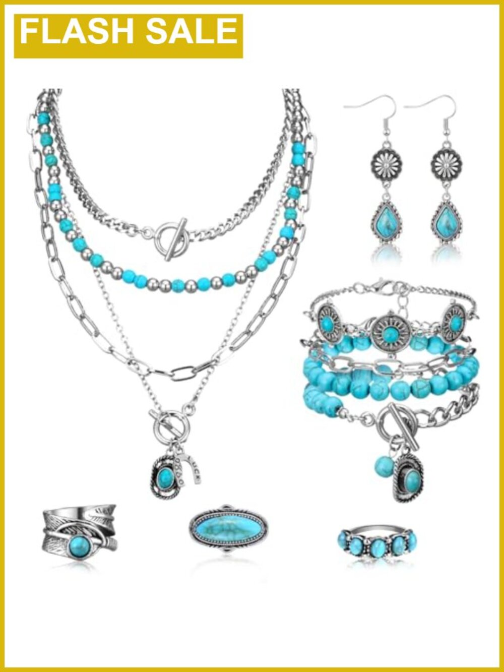 Western Turquoise Jewelry Set Alloy Faux Leather 6 Piece Women's Gift